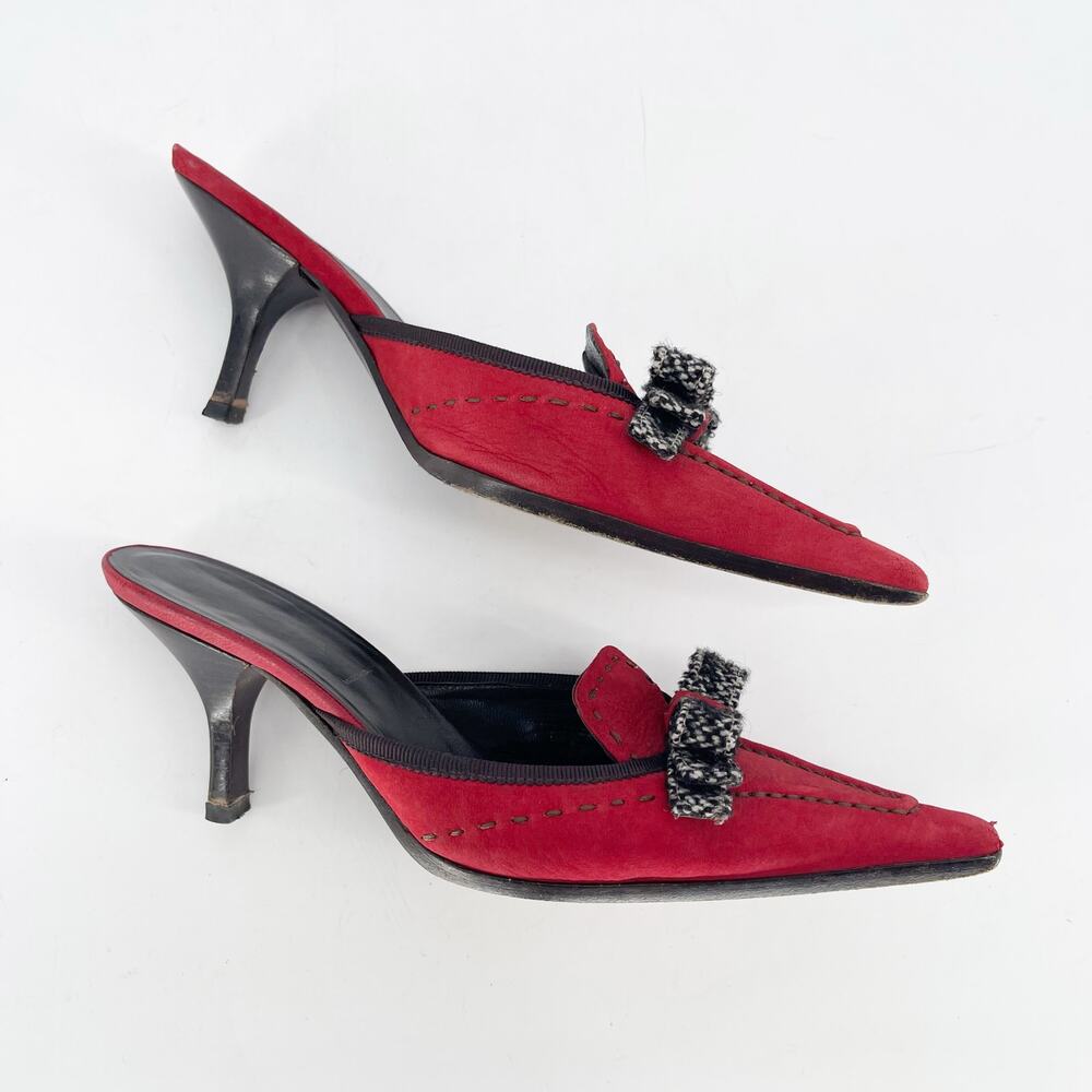 Prada Vintage Red Suede Tweed Bow Pointed Toe Kitten Heel Mule Heels IT 36.5 - Picture 4 of 11